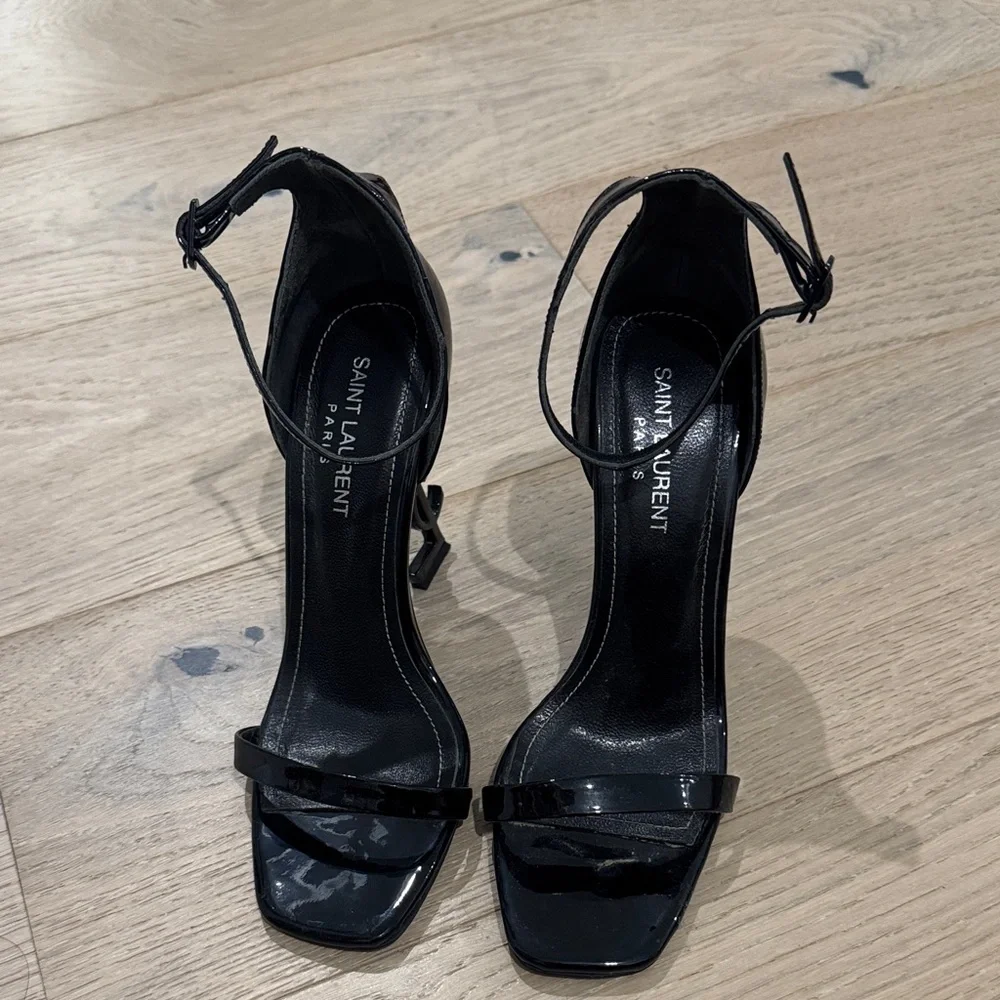Saint Laurent Black Patent YSL Sculptural-Heel Sandals - Picture 7 of 8